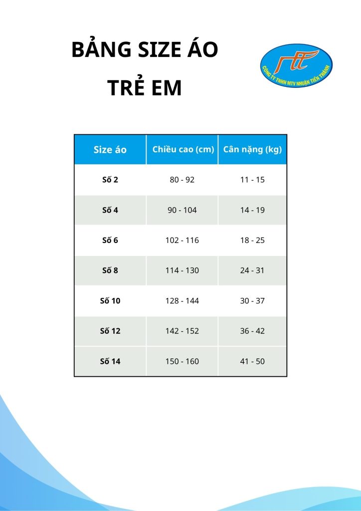 Bảng size áo trẻ em